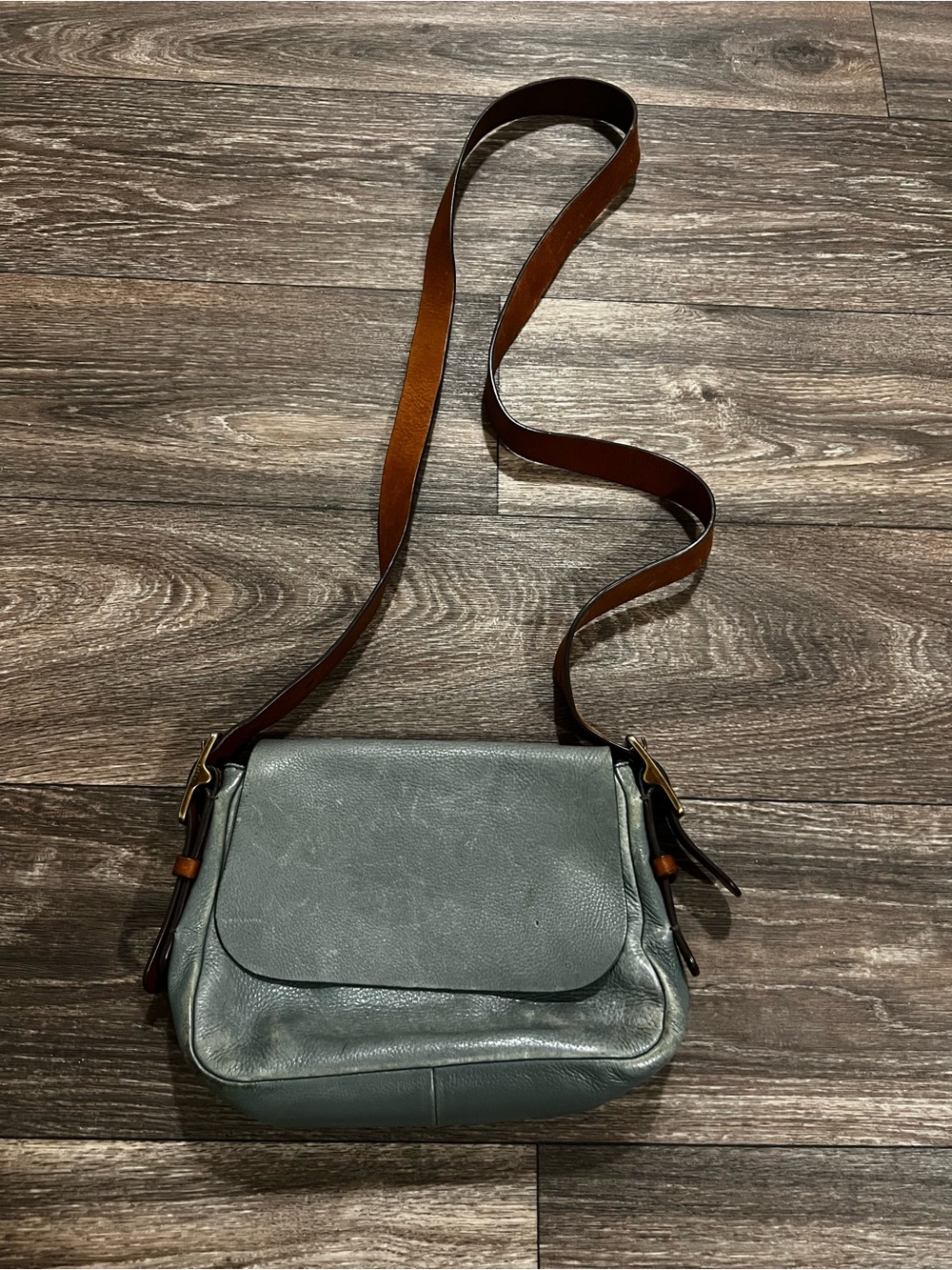 Fossil Harper Leather Flap Crossbody Bag in Teal Steel Blue with Brown Strap